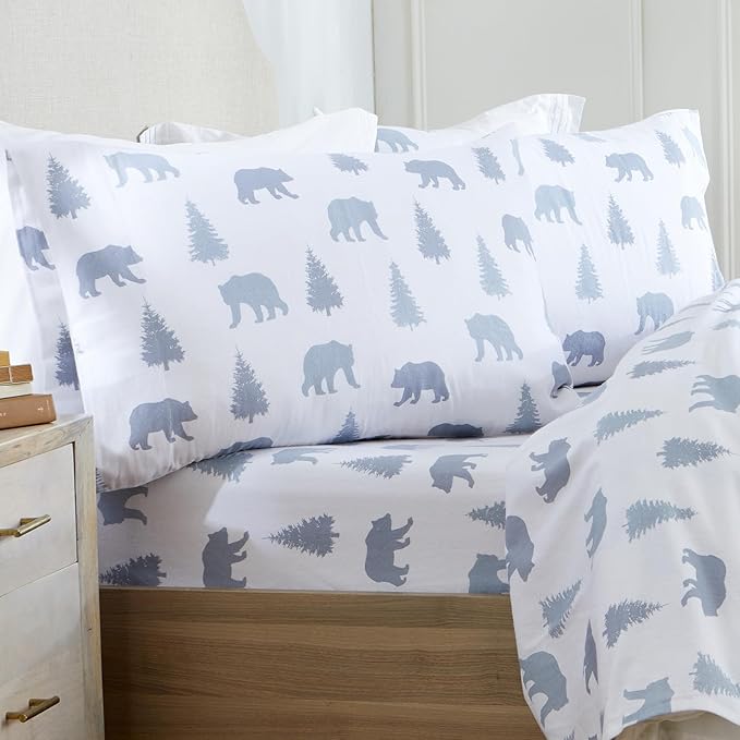 Market & Place 100% Turkish Cotton Flannel Sheet Set | 4 Piece Deep Pocket Novelty Cozy Winter Bed Sheets | Double Brushed for Extra Softness & Comfort | Alpine Collection (Queen, Grey Bears)