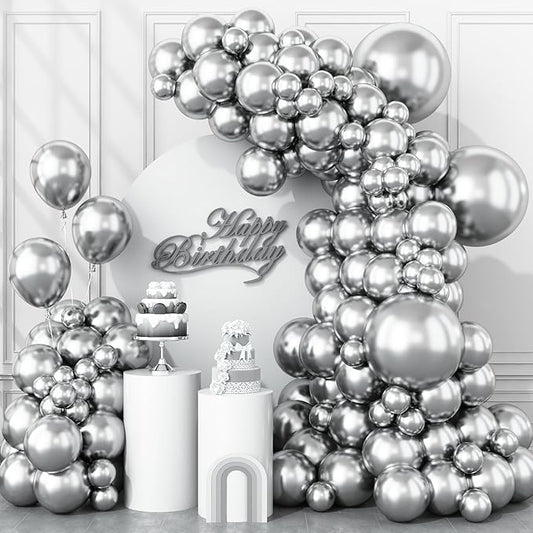 Togvu Metallic Silver Balloons Different Size, 123 Packs Silver Balloons Arch Kit, Pack of 18 12 10 5 Inch Chrome Silver Balloons Garland for Birthday, Graduation, Wedding, Anniversary Decoration
