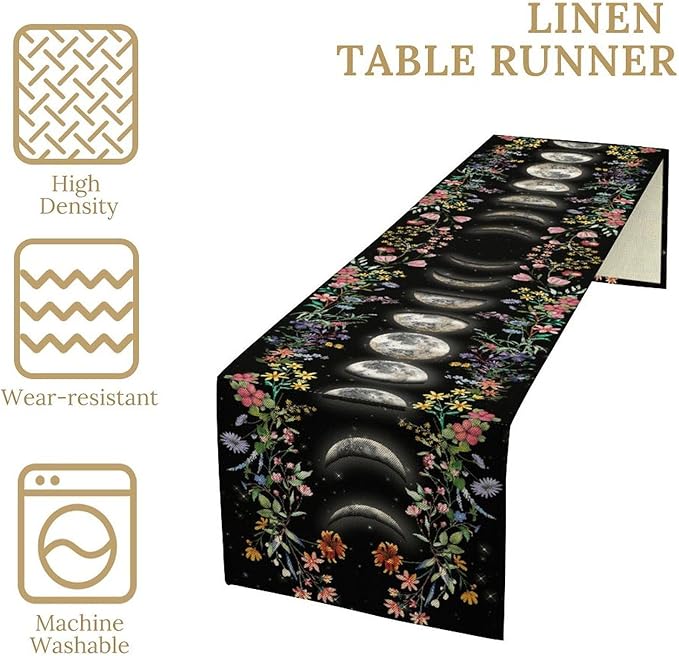 Boho Floral Table Runner, Spring Gothic Moon Phase Wildflower Mystical Witchy Farmhouse Coffee Table Center Decor for Home Kitchen Dining Patio Holiday Party Table Decorations 13x90 inches