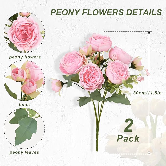 MARTINE MALL 2 Packs Peonies Artificial Flowers, Light Pink Artificial Peonies, Silk Peonies Flowers Fake Peonies Artificial Flowers Peonies Bouquet for Centerpiece Table Wedding Party Home Decor