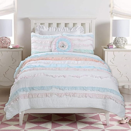Cozy Line Home Fashions 100% Cotton Chic Ruffle Light Lavender Orchid Blue Flower Print Stripe Bedding Quilt Set, Reversible Coverlet, Bedspread (Chic Ruffle, Queen)