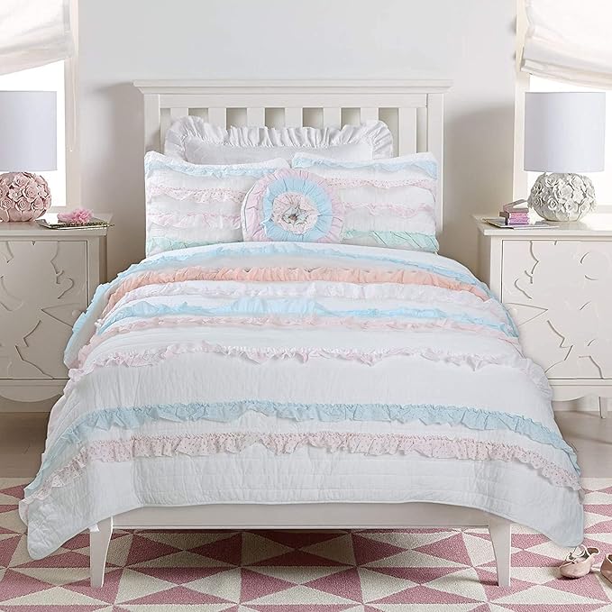Cozy Line Home Fashions 100% Cotton Chic Ruffle Light Lavender Orchid Blue Flower Print Stripe Bedding Quilt Set, Reversible Coverlet, Bedspread (Chic Ruffle, Twin + Décor Pillows)