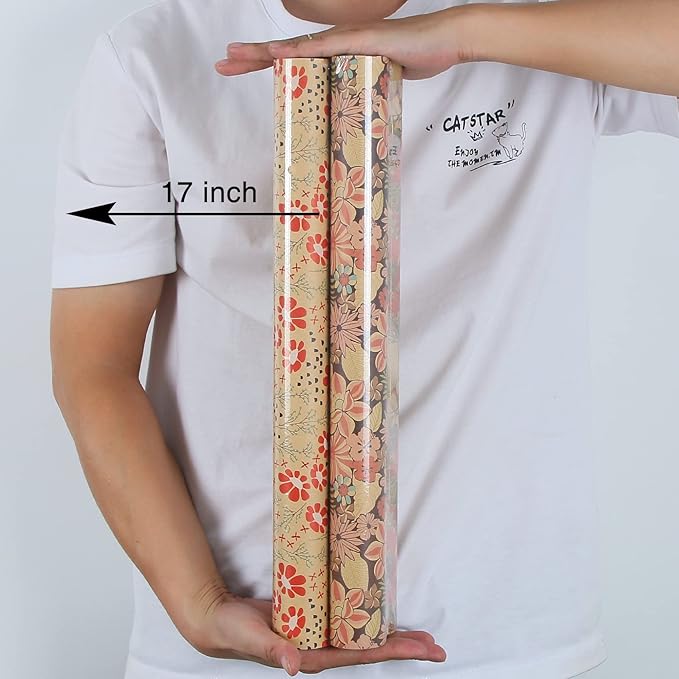 Aimyoo Kraft Floral Wrapping Paper Bundle, Vintage Sunflower Flower Gift Wrap Paper for Wedding Bridal Shower Birthday Rolls of 4, 17 in x 12 ft per Roll