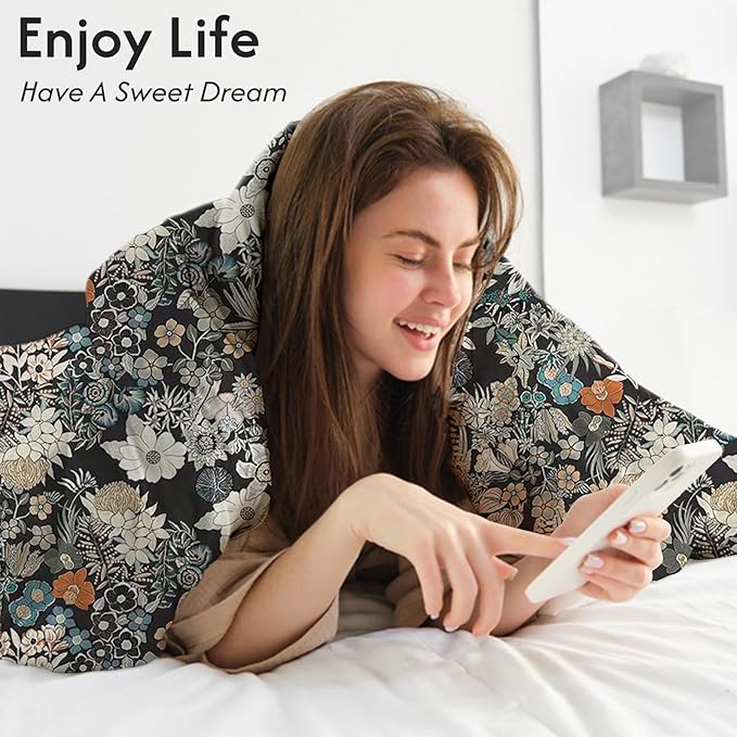 LONAVA Queen Flower 3 Pcs Duvet Cover Set, Breathable Soft Microfiber Black Lining Comforter Cover with Zipper Closure, and 2 Anti-Pilling, Fade Resistant Pillowcases, Midnight Blossoms