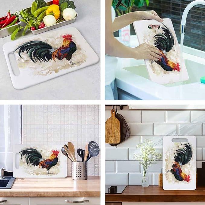 Rooster Cutting Board Farm Animal Standing Watercolor Grip Handle Chopping Boards Cutting Board for Kitchen Plastic 16" x 10" x 0.24"