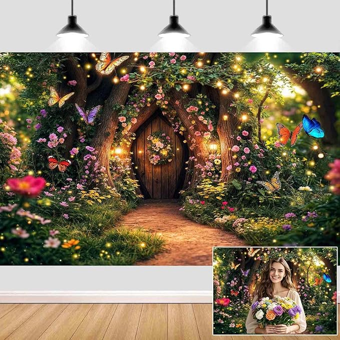 15X10ft Enchanted Forest Backdrop Fairy Tale Garden Wonderland Floral Butterfly Photography Background for Kids Girl Baby Shower Birthday Party Decoration Banner Cake Table Photo Booth Props