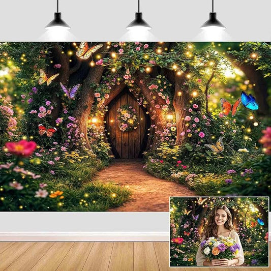 5X3ft Enchanted Forest Backdrop Fairy Tale Garden Wonderland Floral Butterfly Photography Background for Kids Girl Baby Shower Birthday Party Decoration Banner Cake Table Photo Booth Props