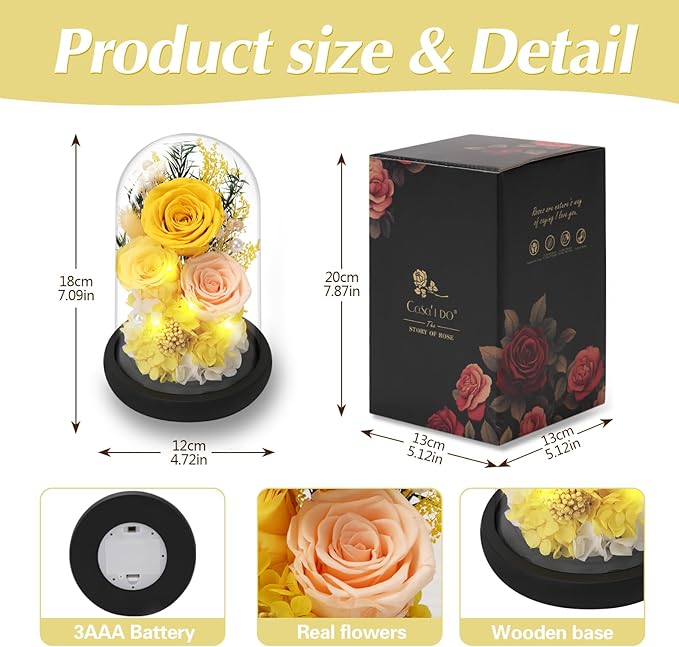 Preserved Roses Flowers for Delivery, Yellow Forever Flores in Glass Dome for Women Mom Wife Girlfriend Grandma, Eternal Rose Anniversary Birthday Gift for Mothers Day Valentines Christmas