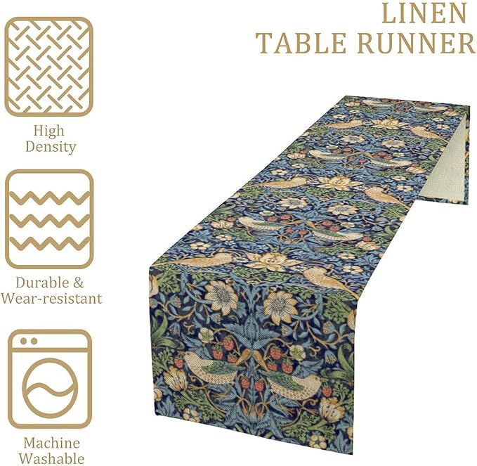 William Morris Floral Table Runner,Flowers Botanical Printed Table Runner for Home Kitchen Dining Table Decoration,13x120 Inch Strawberry Thief