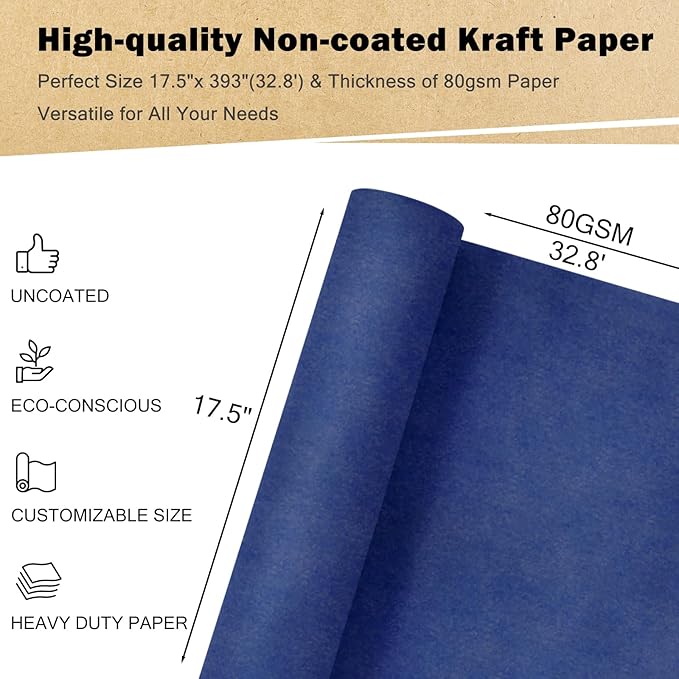 RUSPEPA Light Navy Blue Kraft Wrapping Paper Roll, 17.5"x 393"(32.8'), Recyclable Blue Art Gift Wrap Paper for Birthday Gift Wrapping, Table Covering, DIY Crafting, Fathers Day Bouquet Flower, 80GSM