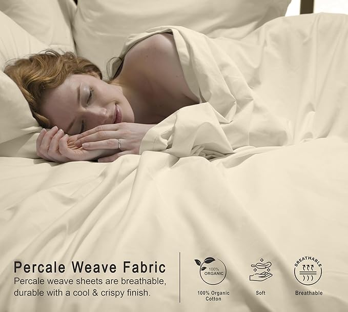 RUVANTI 100% Organic Cotton Sheets Full Size, Percale Weave, GOTS Certified, 4-Piece Set, Deep Pocket 15", Crisp & Breathable, Soft Durable Bedding, Sábanas Algodón Orgánico – Cloud Cream