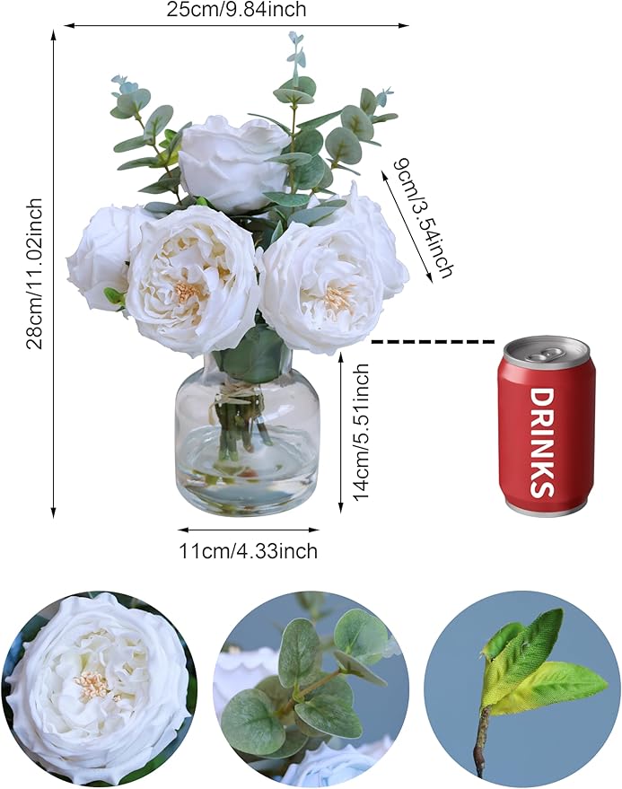 Forlaoers Modern White Roses Floral Silk Flower Arrangements Fake Flower Bouquet Artificial Flowers with Vase in Fake Water Centerpieces for Center Dining Table Decor Home Bathroom Office Decorations