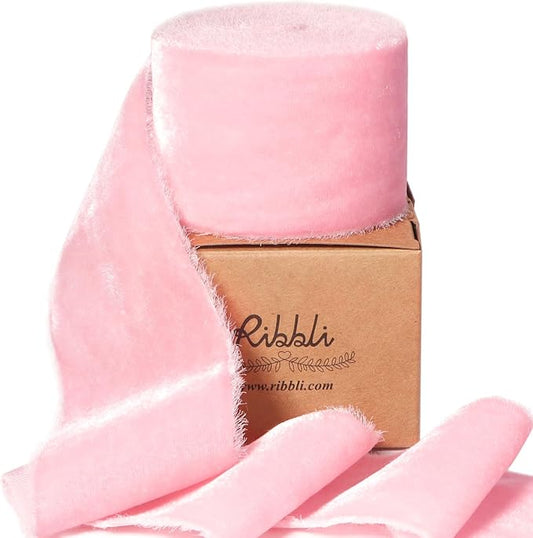 Ribbli Pink Velvet Ribbon 2 Inch Handmade Frayed Vintage Christmas Ribbon for Gift Wrapping Christmas Tree Ornament Wreath Craft Home Decor -3 Yards
