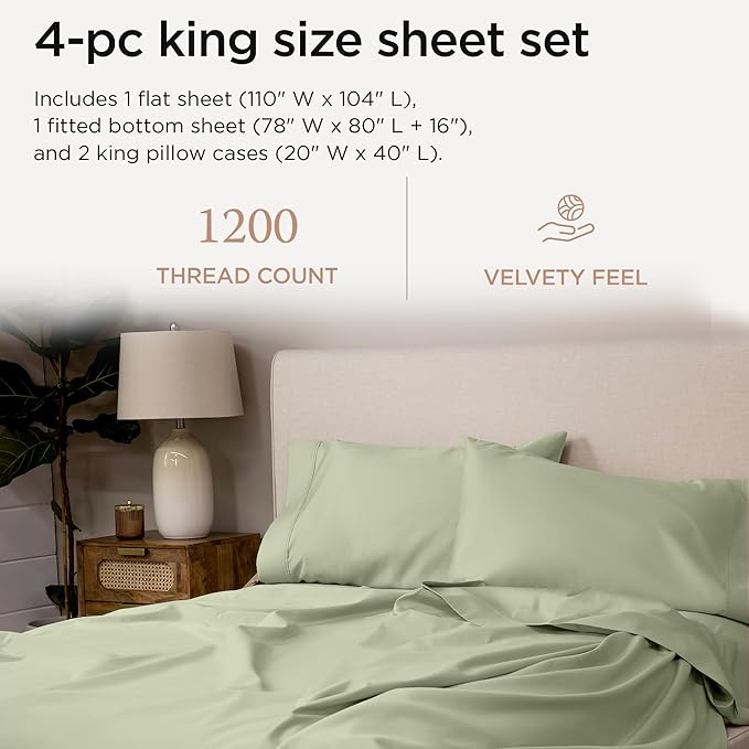 Threadmill Luxury Supima Cotton Sheets, 1200 Thread Count Soft 100% Cotton Sheets for King Size Bed, 4 Pc Sage Green King Bed Sheets Set, 5-Star Egyptian Hotel Quality with Elasticized Deep Pocket