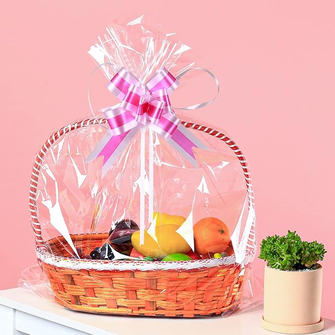 UltraOutlet 50 Packs Large Cellophane Bags 18" x 24" Clear Cellophane Gift Basket Wraps 2.3 Mil Thick Transparent Cello Bags for Fruit Basket, Gift Wrap, Treats, Arts and Crafts, 50ct Ribbon Bows