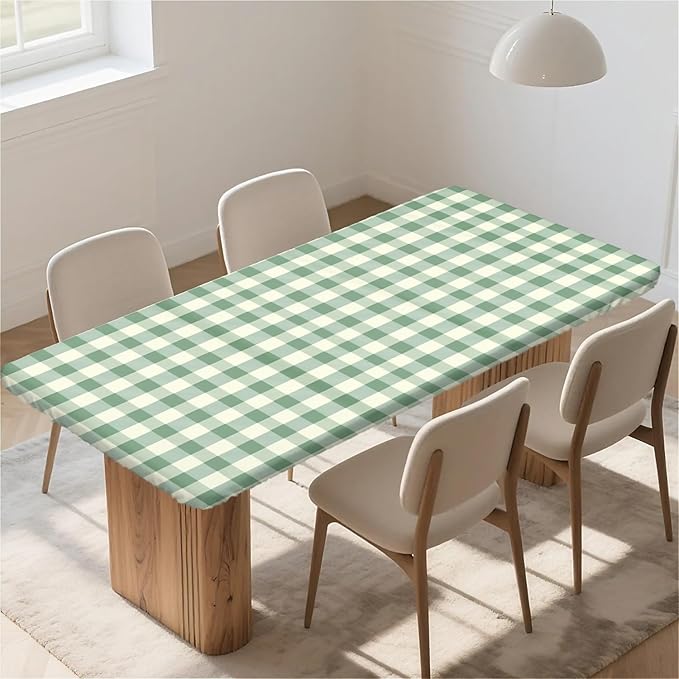 Rectangle Table Cloth Cover Waterproof Elastic Fitted Polyester Fitted Tablecloths for 6 Foot Tables for Indoor,Picnic, Camping, Outdoor （72" x 30"，Green Grid）