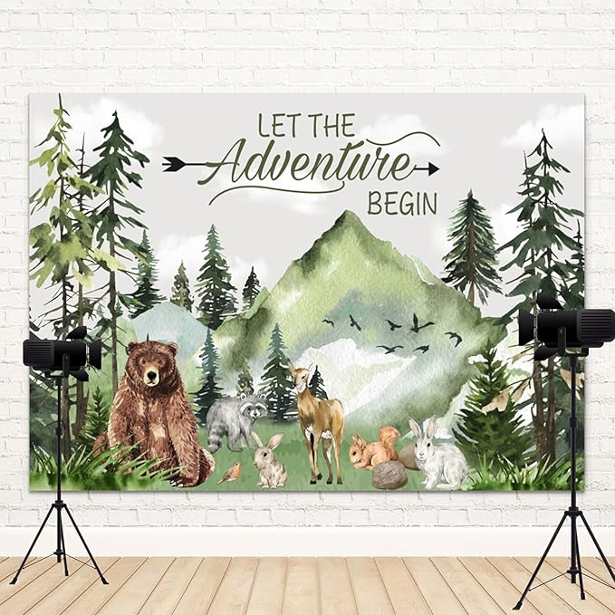 15x10ft Baby Shower Backdrop Mountain Forest Wild Animal Photography Background Cartoon Bear Woodland Green Trees White Cloud Birthday Party Banner Decorations Gender Reveal Photo Booth Prop
