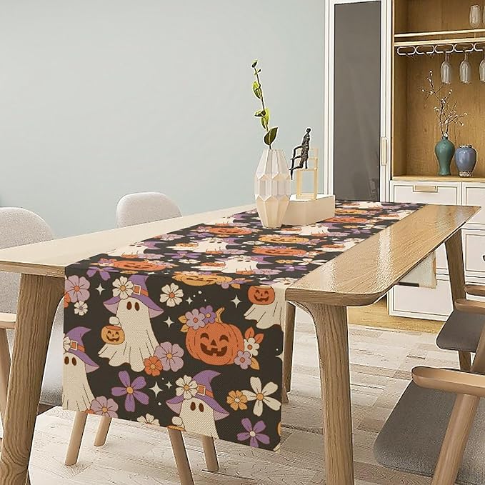 Halloween Table Runner,Cute Ghost Pumpkin Pattern Table Runner for Home Kitchen Table Dining Garden Farmhouse Wedding Party Decor 13x90 Inch