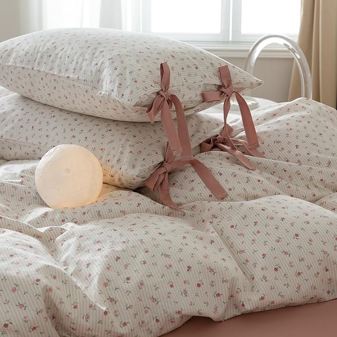 Floral Duvet Cover Queen Size Cotton Boho Fresh Garden Floral Coquette Comforter Cover with 2 Bowknot Bow Tie Pillowcases,3 Piece Botanical Flower Bedding Duvet Cover Set,Soft & Breathable Bedding Set
