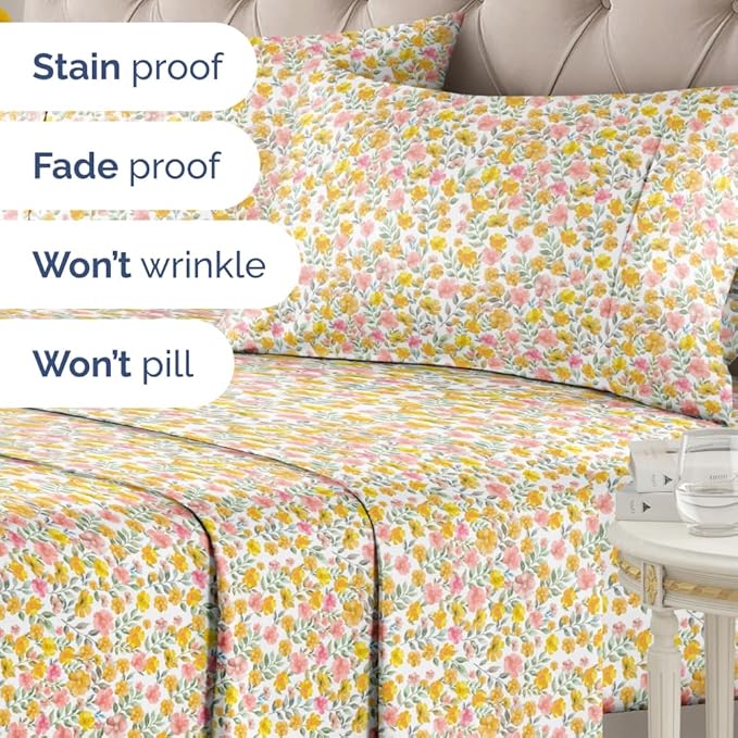 Floral Sheets - Watercolor Floral Bed Sheet Set - 1 Flat, 1 Fitted & 2 Pillowcases w/ Deep Pockets - Comfy, Wrinkle & Fade Free Boho Botanical Bedding - Soft, Breathable and Cooling - Full Size New