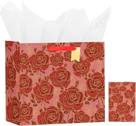 Bloomwords 13" Mother’s Day Gift Bags with Card Tissue(Rose Flower) - Birthdays, Valentine’s, Weddings, Anniversaries, Kit includes Card and Tissue Paper (Red, 1 Piece)