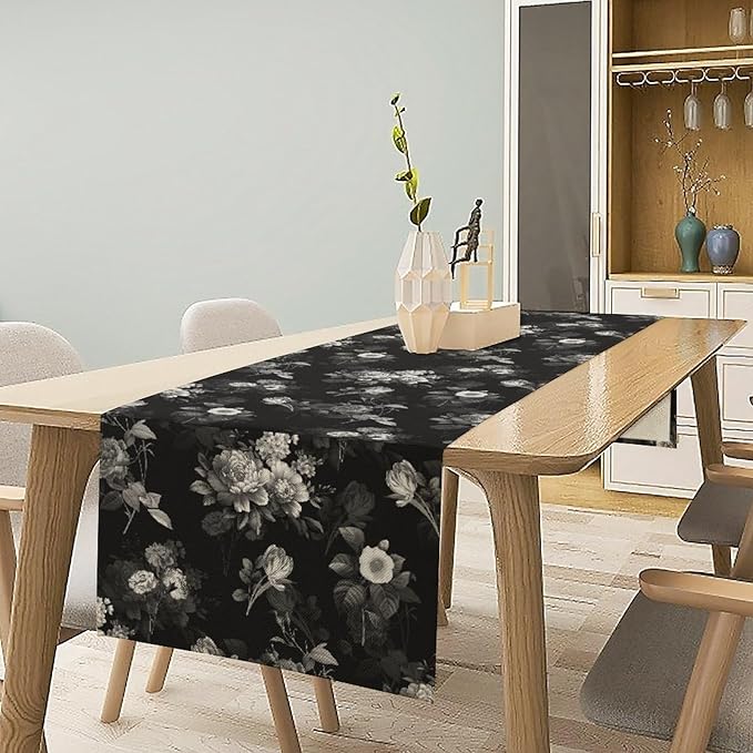 Vintage Botanical Table Runner, Abstract Watercolor Black White Gothic Flower Leaves Plants Print Table Runner for Seasonal Home Decoration Indoor Outdoor Party Decor, 13x36inch