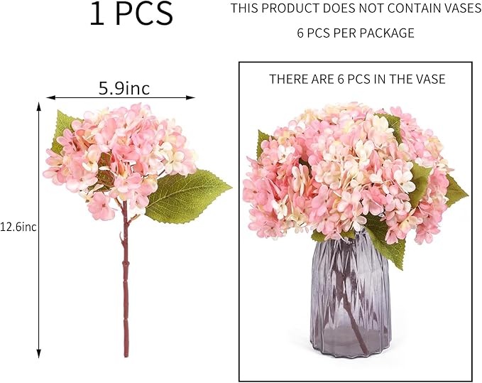 Kimura's Cabin 6pcs Fake Pink Flowers Artificial Silk Hydrangea Flowers Bouquets Faux Hydrangea Stems for Home Table Centerpieces Wedding Party Decoration(Pink, Pack of 6)