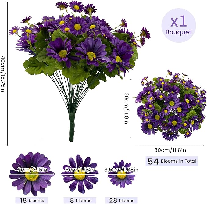SNAIL GARDEN 54 Blooms Artificial Flower Bouquet, 15.7in Purple Artificial Daisy Flowers with 3 Sizes Blooms, Realistic Fake Wildflowers for Silk Flower Arrangements Indoor Outdoor Purple Fall Decor