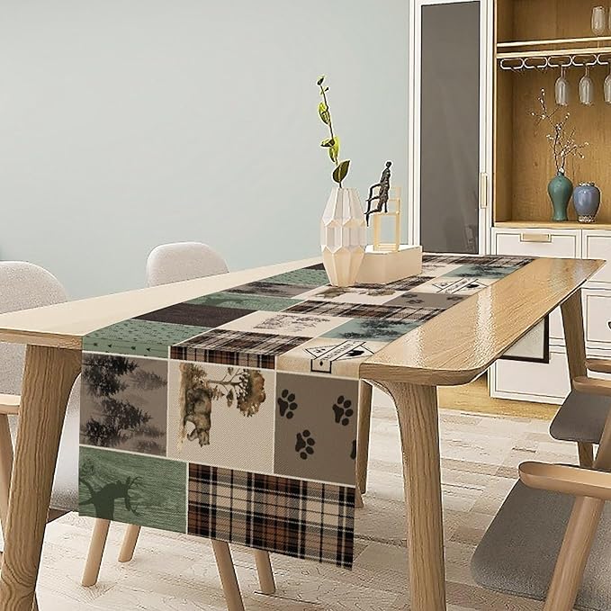 Bear Deer Table Runner,Rustic Lodge Retro Country Farmhouse Buffalo Plaid Print Tablecloth Burlap for Hotel Indoors Outdoor Dining Room Kitchen Home Decor,W13X L36 in