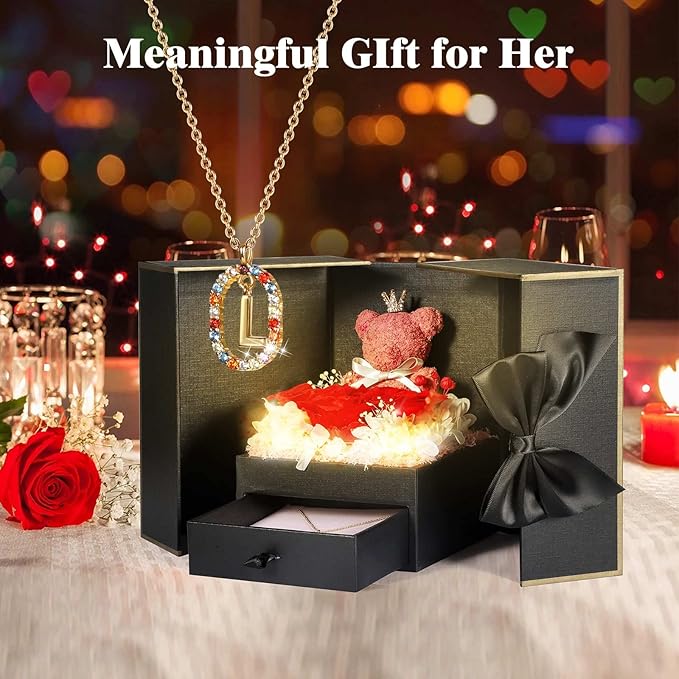 Cute Preserved Real Roses Bear Gift Box for Girlfriend with Initial Necklace L, Unique Birthday Gift for Mom, Her, Grandma, Anniversary Presents for Wife Women