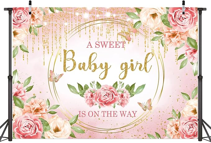 Sensfun Pink Floral Baby Girl Decorations - Glitter Gold Blush Flowers Photo Booth Banner for Baby Showers (8x6ft)
