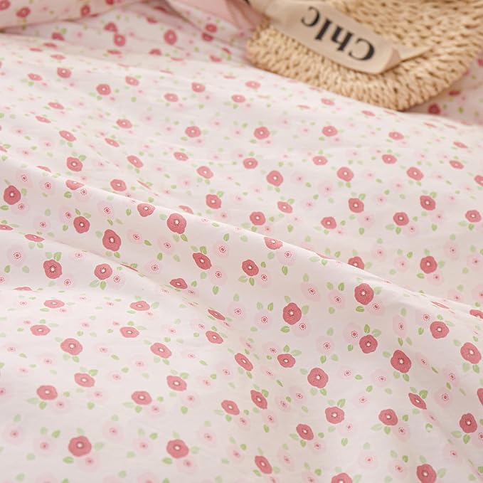 Queen Comforter Set Chic Floral Ruffle Comforter Pink Flower Bedding Comforter Set for All Seasons Fluffy Soft Girls Cottagecore Bedding Set Vintage Botanical Flowers Comforter with 2 Pillowcases