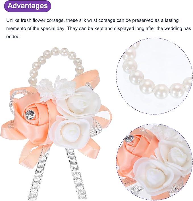 MECCANIXITY 12Pcs Wrist Corsage Artificial Flower Bracelets Rose Wrist Bride Groom Decorative for Wedding Ceremony Prom Party Anniversary Light Orange