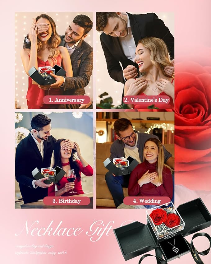 Birthday Gifts for Women, Preserved Real Roses with Heart Necklace I Love You in 100 Languages, Anniversary Wedding Gifts for Women Her Girlfriend Wife, 2 Red Forever Roses Necklace Gift Box