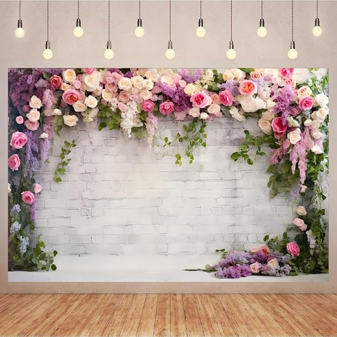 6x4ft Retro White Brick Wall Floral Backdrop Romantic Roses Vine Leaves Photography Background Girls Birthday Party Wedding Bridal Shower Flowers Brick Wall Decoration Supplies Photo Booth Props