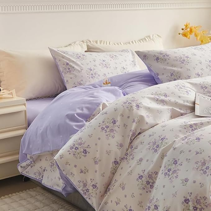 LifeTB Purple Floral Comforter Set Twin XL Fluffy Soft Microfiber Girls Garden Floral Bedding Comforter Botanical Flowers Comforter with 2 Pillowcases Vintage Aesthetic Bedding Twin XL Comforter Set