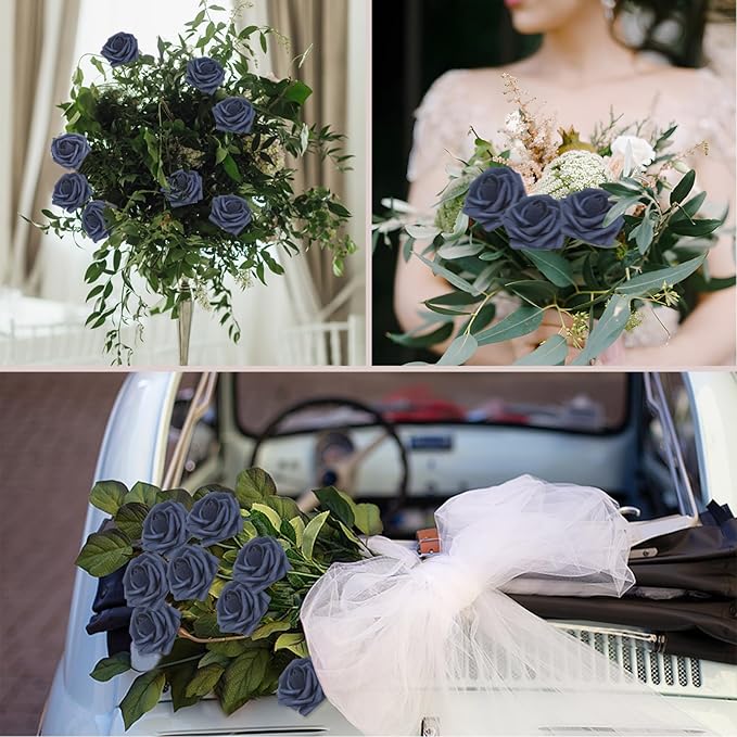 Artificial Flowers Navy Blue Roses 50PCS Real Looking Foam Fake Roses with Leaves and for DIY Wedding Bouquets Bridal Shower Centerpieces Party Decorations (Navy Blue)