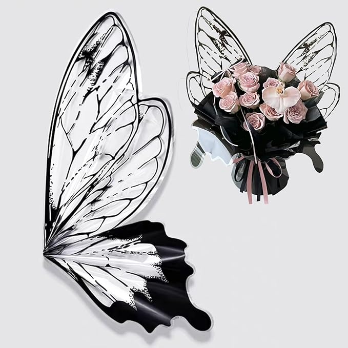 LLBWKC 20 Sets Butterfly Flower Wrapping Paper, Waterproof Butterfly Flower Bouquet Wrapping Paper, OPP Clear Floral Wraps for Florist Supplies, Gift Packaging, DIY Craft 20x22 in (Black Butterfly)