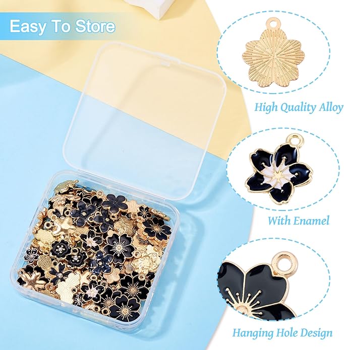 KISSITTY 100Pcs Light Gold Alloy Enamel Charms Cherry Blossom Flower Charm Bulk Gold Plated Pendant Cute Small Floral Dangle Charms for DIY Jewelry Making Kit Bracelet Necklace Keychain Crafts