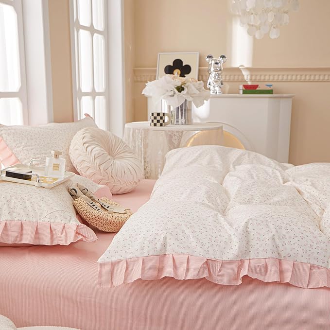 EAVD Pink Floral Duvet Cover King Soft 100% Cotton Chic Romantic Ruffled Floral Bedding Set with 2 Pillowcases Vintage Style Botanical Floral Comforter Cover with Zipper Closure
