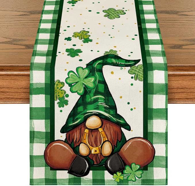 Artoid Mode Shamrock Lucky Buffalo Plaid Gnomes St. Patrick's Day Table Runner, Kitchen Dining Table Decor for Outdoor Home Party Decor 13 x 48 Inch