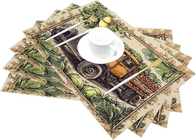 PVC Placemats Set of 1 Wipeable Table Mats Washable Heat Resistant Non Slip Vinyl Dining Table Mat for Kitchen Indoor Outdoor Patio Farmhouse Place Mats Retro Fall Truck Decorative