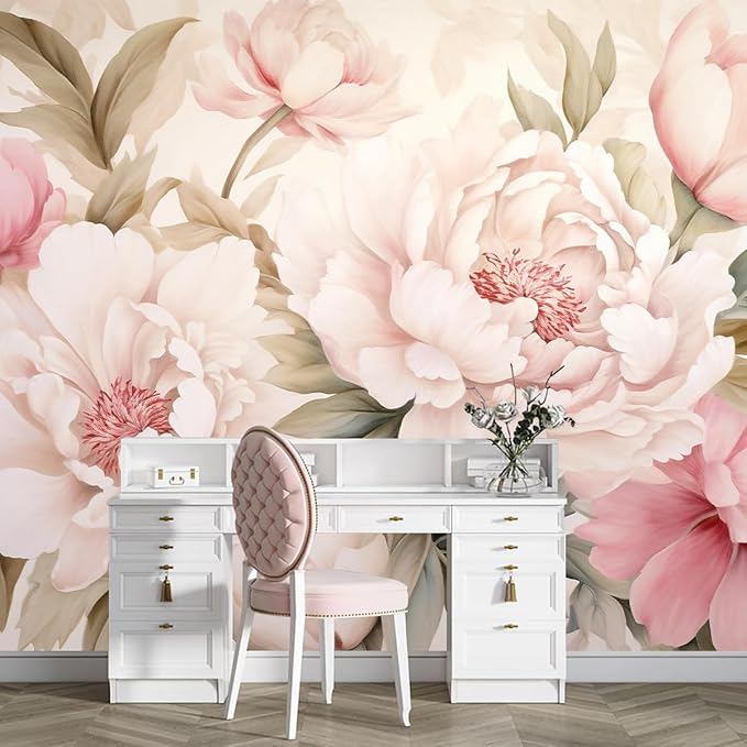 Pink Floral Wallpaper Large Peony Flowers Wall Mural for Girls Room Bedroom（Not Peel and Stick）