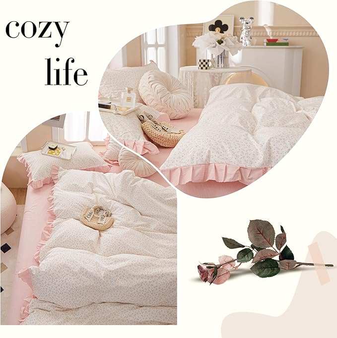 Romantic Pink Floral Duvet Cover Queen 100% Cotton Pink Ruffle Duvet Cover Girls Flower Comforter Cover Princess Lace Bedding Set Vintage Floral Coquette Bedding Comforter Cover with 2 Pillowcases