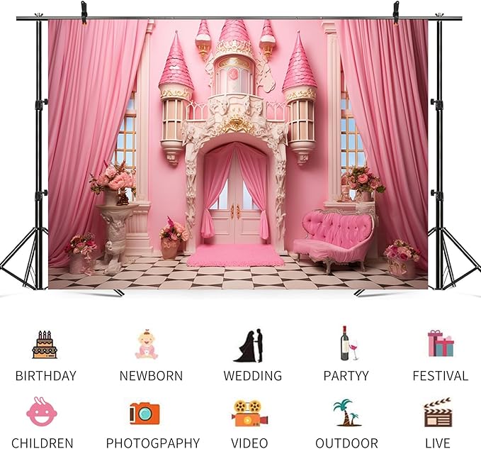 7x5ft Pink Castle Backdrop Room Door Curtain Photography Background Flowers Vases Sofa Princess Girl Birthday Banner Decorations Newborn Baby Shower Wedding Party Portrait Photo Booth Prop