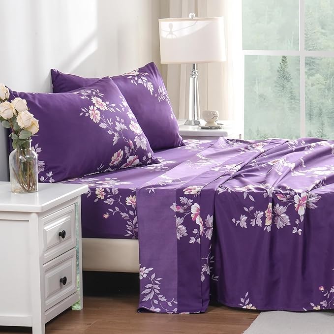 Bedlifes King Sheet Set Ultra Soft, Breathable, Silky Flower Deep Pocket 100% Microfiber Bedding, 4 Piece King Size Dark Purple Floral