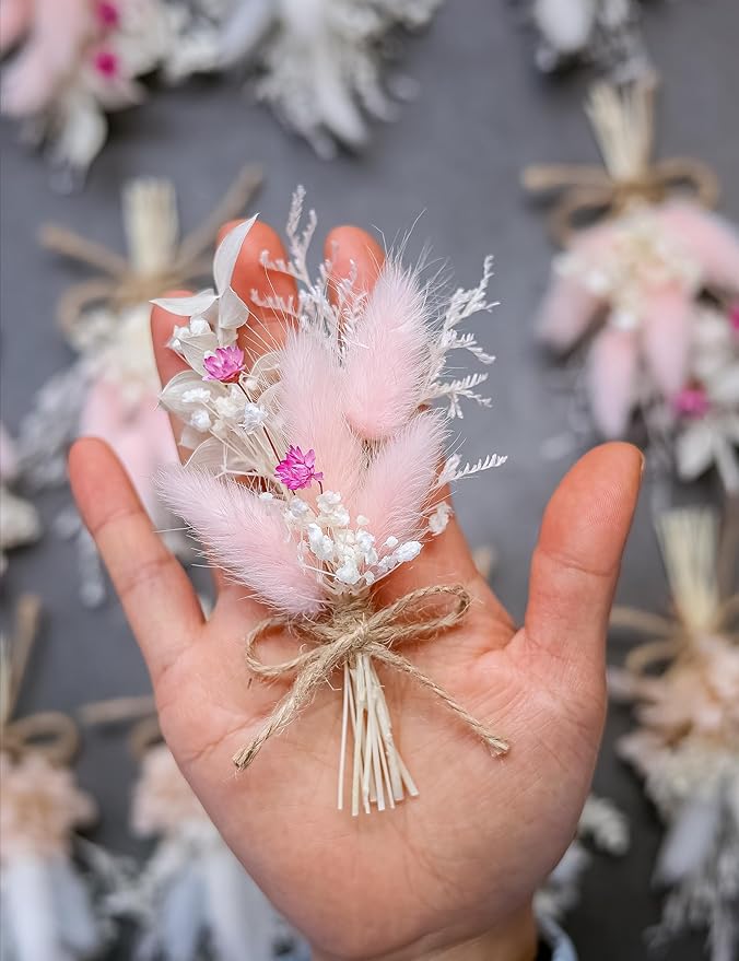 Mini Dried Flower Bouquet Set (12 pcs), Pink Bouquet, Birthday Cake Arrangement, Bridesmaid Flower Girl Proposal Gift Box, Groom Corsage(Pink)