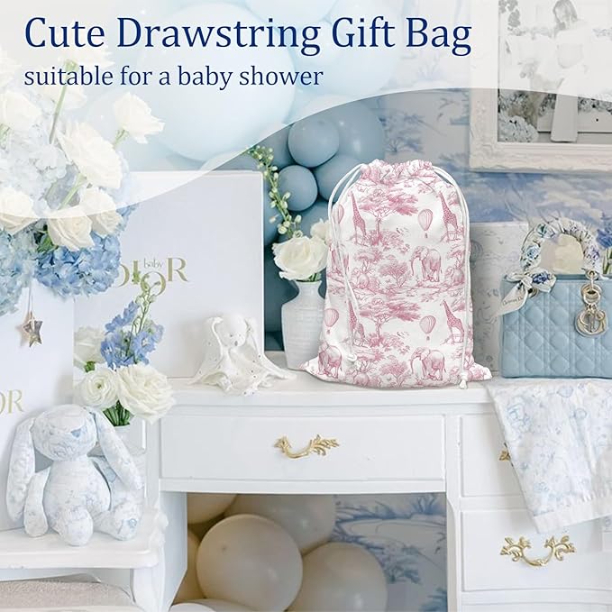 DSHFG Light Pink Drawstring Birthday Gift Bags, Safari Toile Chinoiserie Animals Baby Shower Drawstring Gift Bags Canvas, Pink and White Small Happy Birthday Bag, Gifts for Women, 10x13 Inch