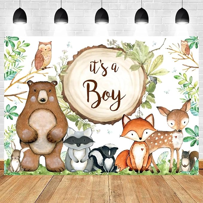 20x10ft Woodland Baby Shower Backdrop It's a Boy Photography Background Jungle Green Grass Leaves Animals Bear Fox Deer Baby Boys Party Banner Decorations Newborn Portrait Photo Booth Prop