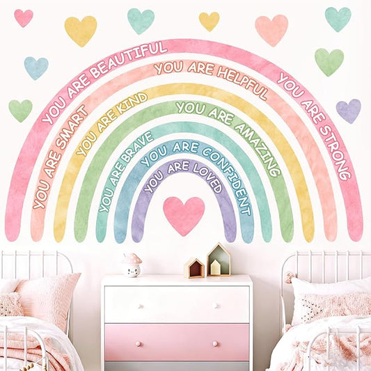 Large Rainbow Wall Stickers Kids Inspirational Wall Decal for Girl Bedroom Peel and Stick Watercolor Rainbow Wall Decals Pastel Pink You are Decor Vinyl Positive Art Murals for Baby Bedroom Playroom